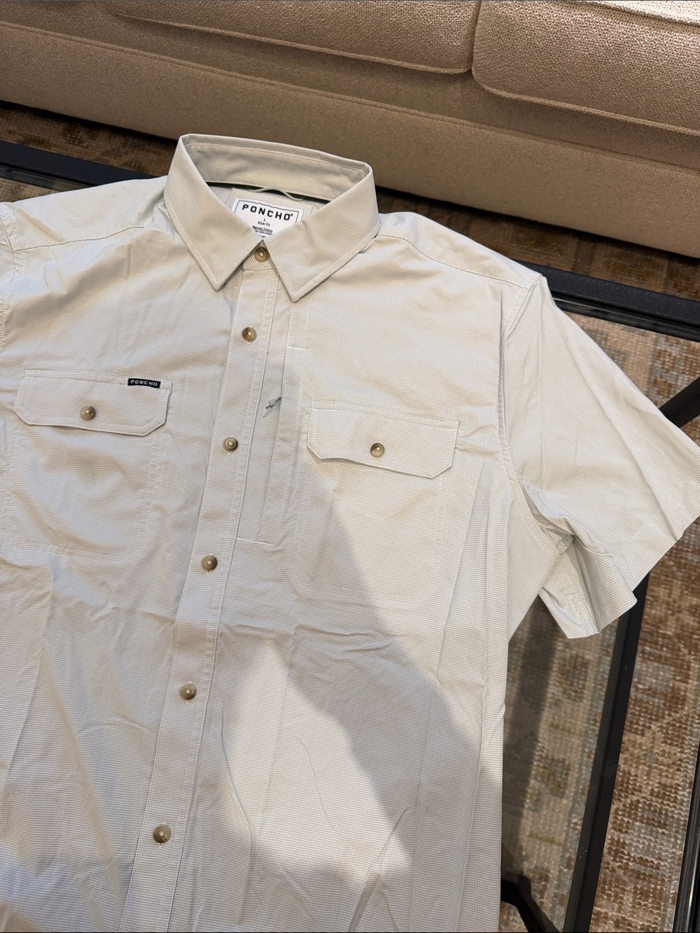 Poncho Outdoors Short Sleeve Button-Up Shirt — green and white grid